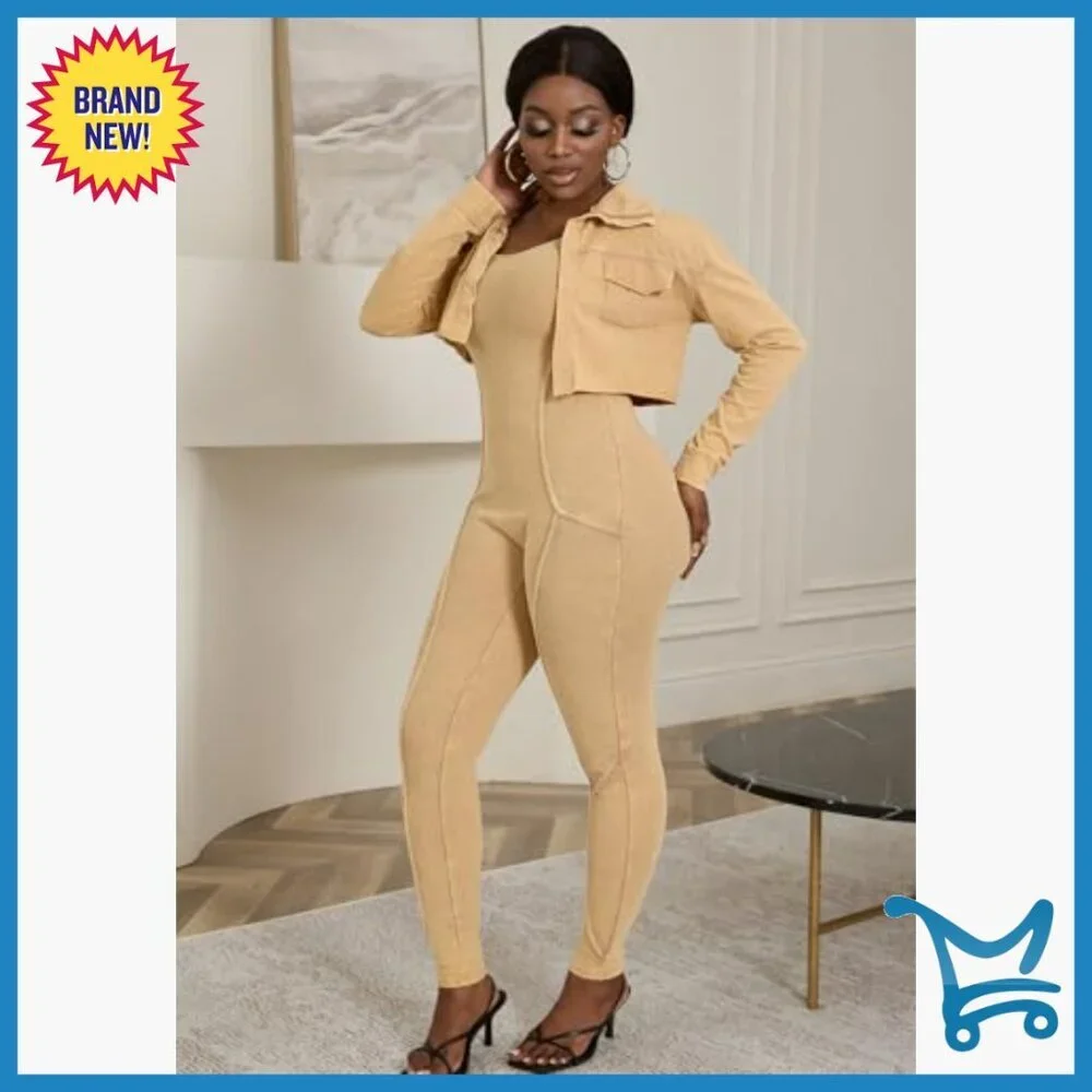 Long Sleeve Cropped Jacket & Ribbed Jumpsuit 2-Piece Set Size X-Large